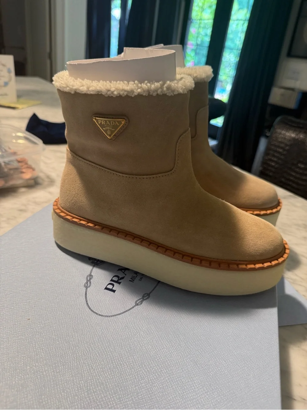 BRAND NEW Prada Tan Suede Shearling-Trim Platform Ankle Boots